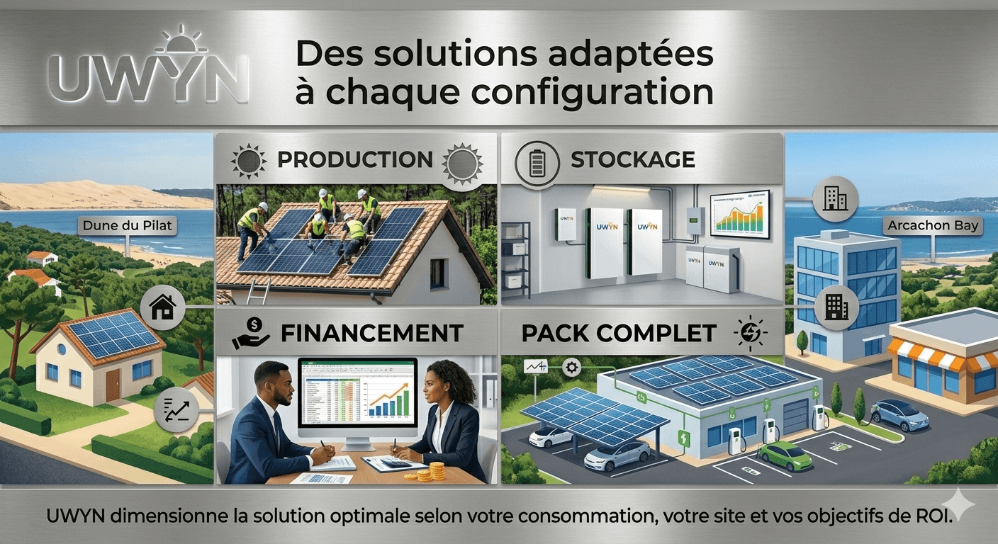 Vue d'ensemble des solutions UWYN : Production, Stockage, Financement, Pack Complet