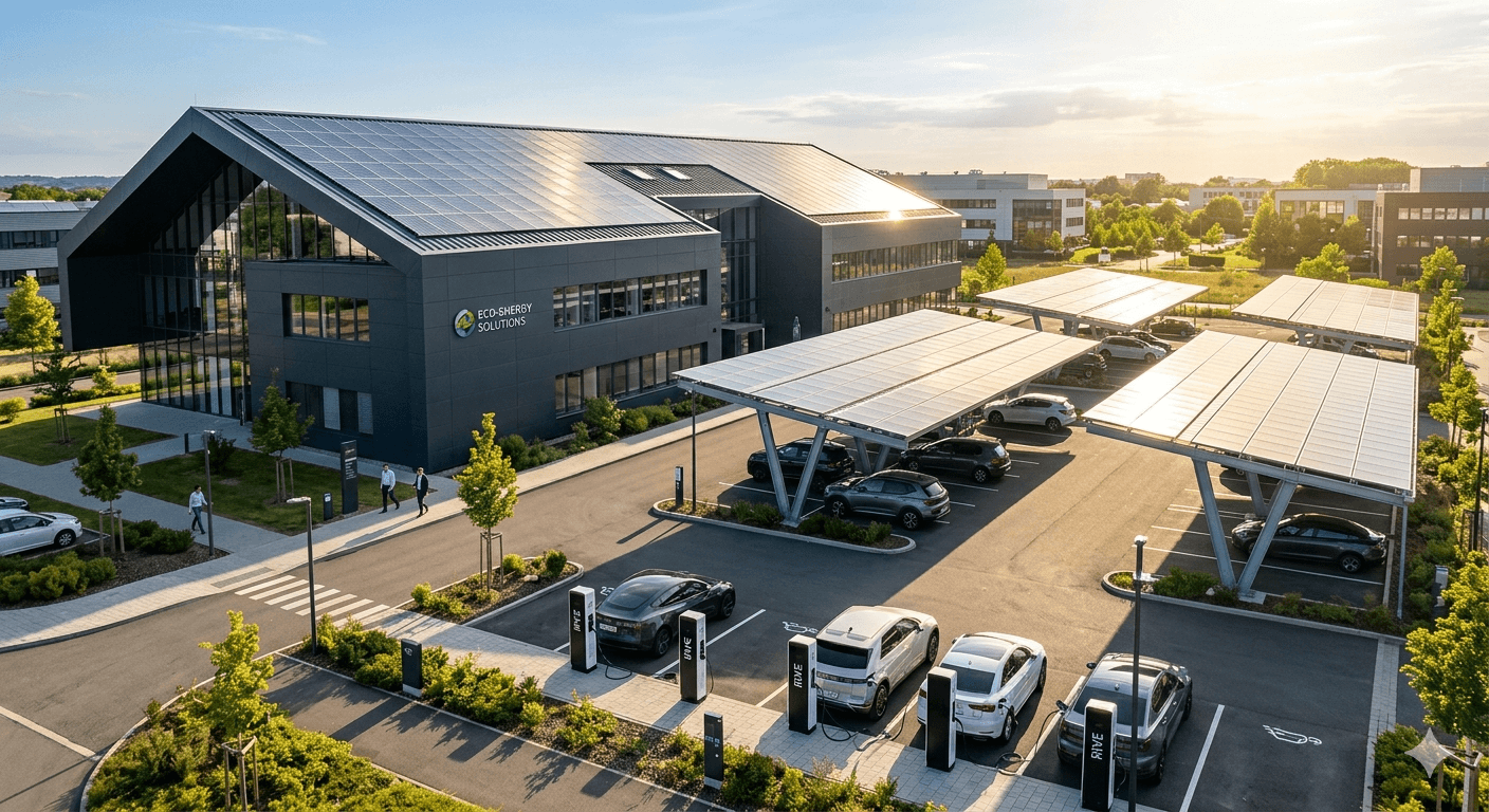 Bâtiment avec ombrières solaires et bornes de recharge