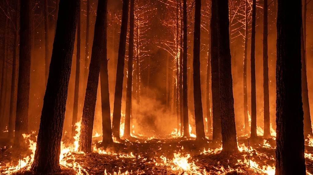 Forêt en feu, illustrant le risque incendie en lisière forestière