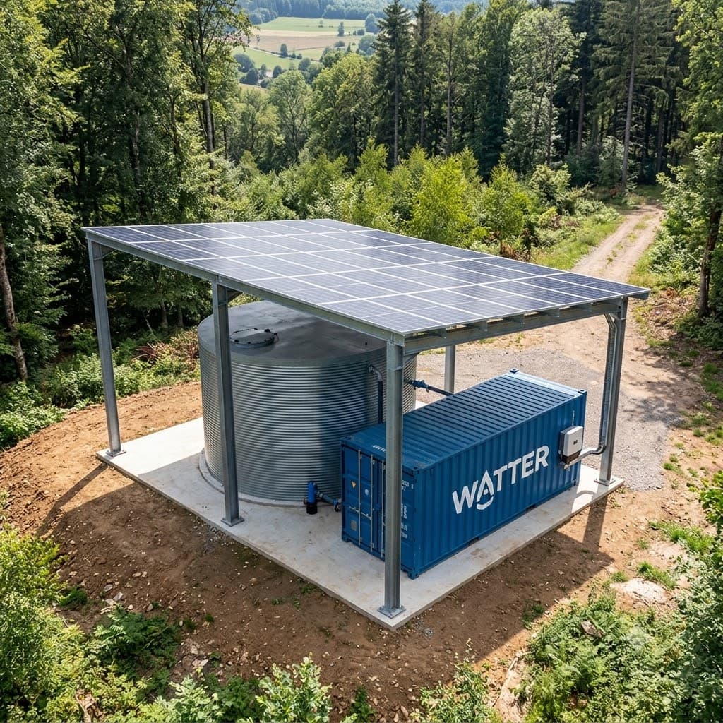 Réserve d'eau incendie WATTER sous toiture photovoltaïque, en lisière de forêt